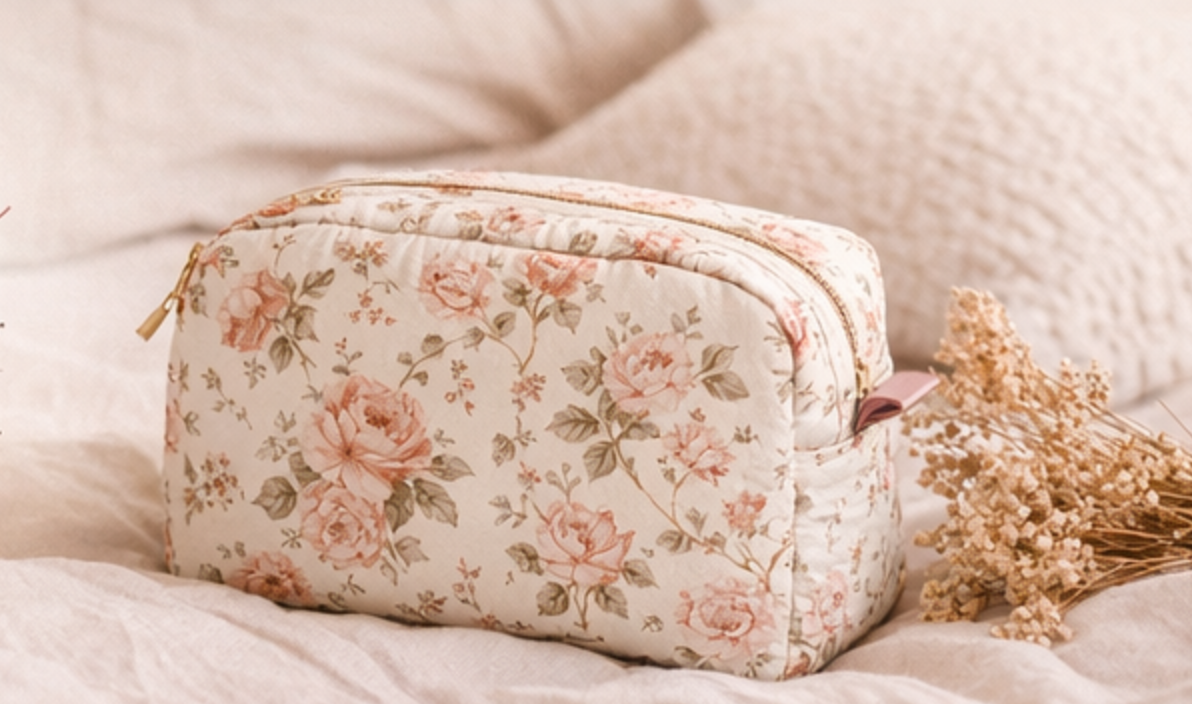 Trousse fleurie posée sur du linge clair